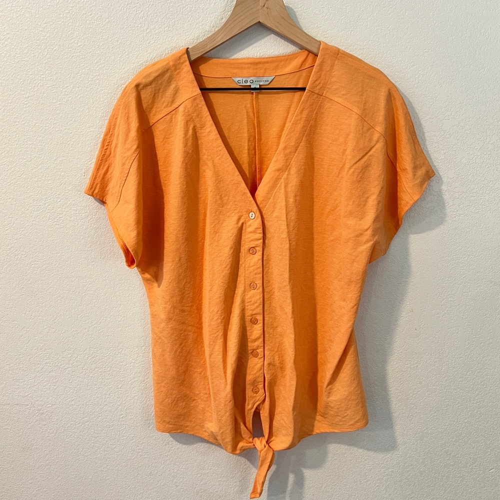 Cleo Petites Orange Short Sleeve Button Down Dolman Tie Front Shirt Size M